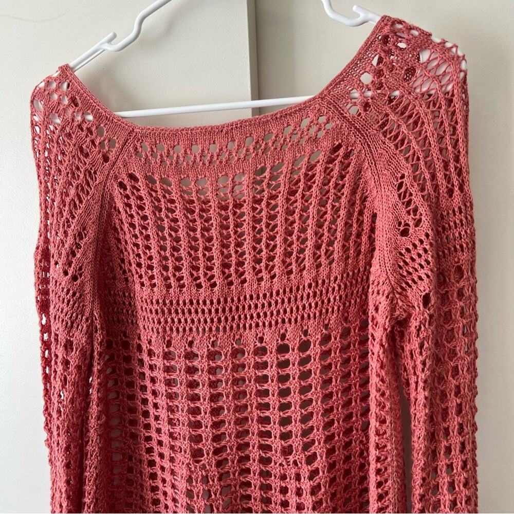 Free People Annabelle Crochet Pullover Fisherman Boho Sweater Coral Pink Medium - Picture 5 of 10
